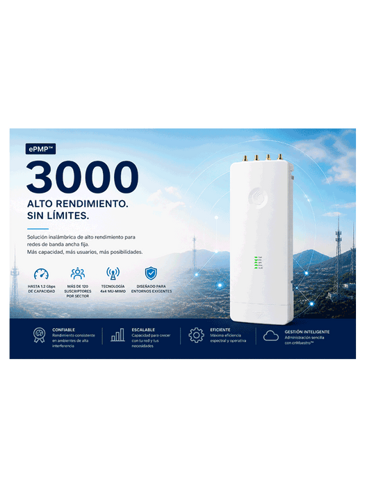 CAMBIUM ePMP 3000- RADIO CONECTORIZADO CON FILTRO INTELIGENTE Y SINCRONIZACION GPS/ PTP/ PTMP 120 SM / 5 GHZ/ EXTERIOR/ MU-MIMO 4X4/ GIGABIT LAN/ 32 DBM/ C050910A101A