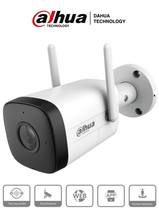 DAHUA IPC-HFW1230DT-STW - Cámara IP Bullet Wifi de 2 Megapixeles/ Lente de 2.8 mm/ 100 Grados de Apertura/ IR de 30 Metros/ H.265/ Microfono y Altavoz Integrados/ Ranura MicroSD/ IP67/ Detección de Movimiento