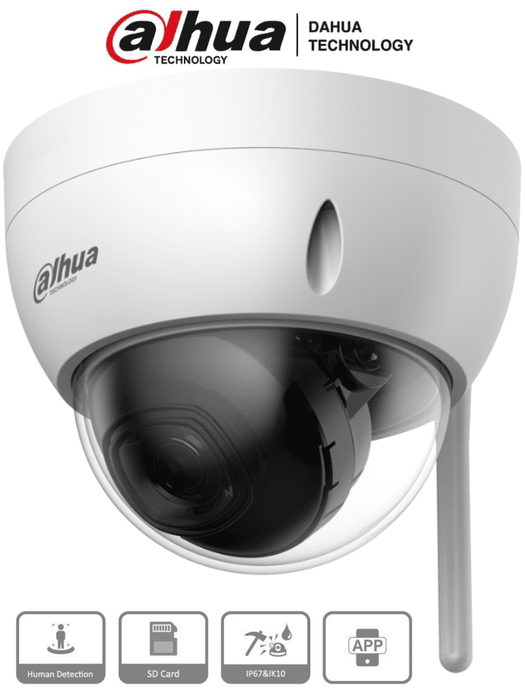 DAHUA IPC-HDBW1430DE-SW - Camara IP Domo Wifi de 4 Megapixeles/ Lente de 2.8 mm/ 90 Grados de Apertura/ IR de 30 Metros/ Ranura para MicroSD/ IP67/ Antivandalica Ik10/ Detección de Humanos SMD/ Hasta 80  Metros de Alcance en Area Abierta
