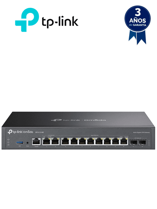 TP-LINK ER7412-M2  - Router VPN Omada Multi-Gigabit , 2 puertos WAN/LAN a 2.5G , 10 puertos Gigabit WAN/LAN (2× SFP, 8× RJ45) , Balanceo de carga hasta 11 puertos WAN , Gestión centralizada en la nube a través de la web o de la aplicación Omada.