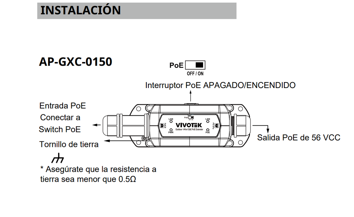 VIVOTEK AP-GXC-0150 - Extensor PoE para exterior con 1 puerto Gigabit GE, conexión en cascada hasta 300m, salida PoE de hasta 68W, y protección IP67 e IK10.