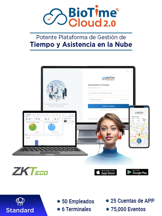 ZKTECO BIOTIMECLOUDSTANDARD - Licencia de Asistencia en la Nube para 50 Empleados, 6 Terminales, 75,000 Eventos y 25 Cuentas de App, Suscripción por un Año