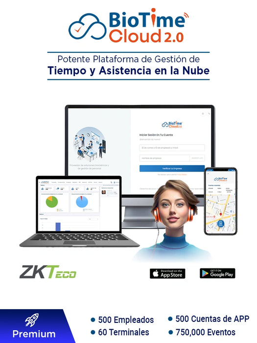 ZKTECO BIOTIMECLOUDPREMIUM - Licencia de Asistencia en la Nube para 500 Empleados, 60 Terminales, 750,000 Eventos y 500 Cuentas de App, Suscripción por un Año