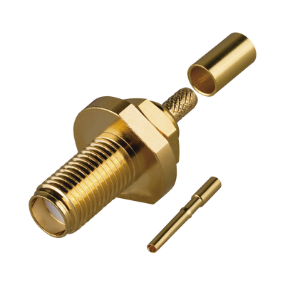 Conector SMA Hembra de Rosca Izquierda, Montaje Frontal en Panel para Cables del Gurpo B, Oro/ Oro/ Teflón.