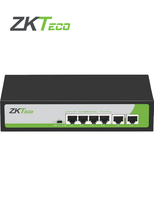 ZKTECO PE04255C -Switch de 4 Puertos Fast Ethernet PoE AF - AT /  2 Puertos RJ45 10/100 / Soporta hasta 250 mts sobre UTP CAT 6 / Protección Contra Descargas  / NO Administrable