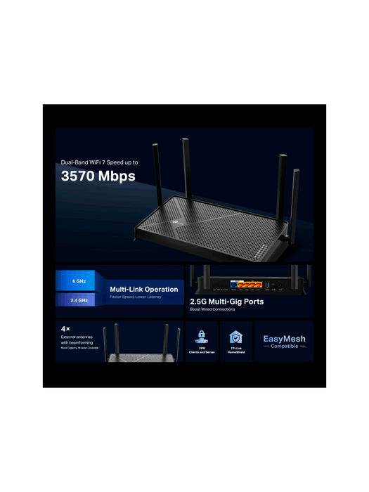 TP-LINK Archer BE230 - Router Wi-Fi 7 con Puertos Multi-Gigabit/ WiFi 7 de Doble Banda a 3.6 Gbps/ Compatible con EasyMesh/ 2× Puertos de 2.5Gb/