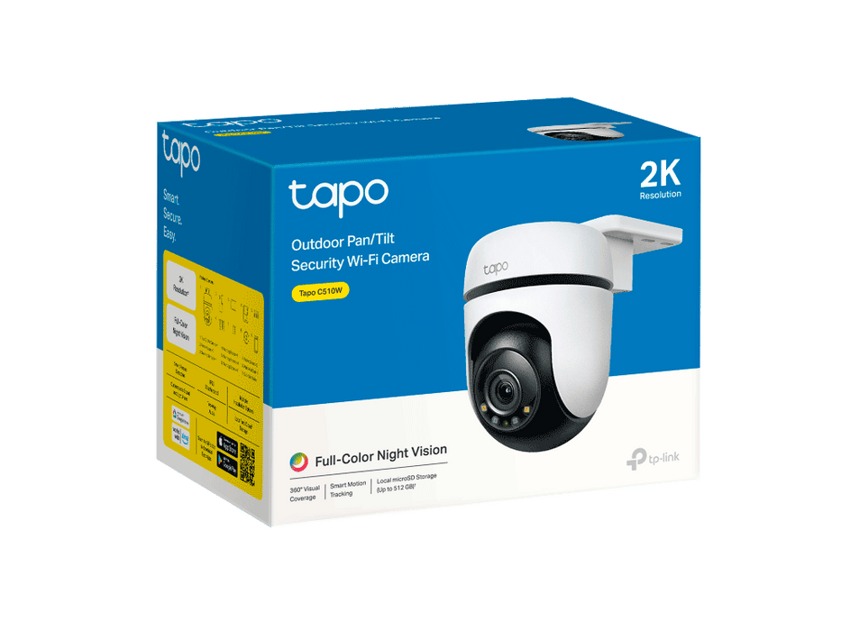 TP-LINK TAPO C510W - Cámara IP WiFi motorizada para exterior de 3 MP, lente 3.9 mm, iluminadores IR 30  m, micrófono y bocina integrados, IP65, ranura MicroSD, LED luz blanca, WiFi 2.4 GHz, y Smart Motion Tracking.