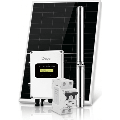 Kit de Bombeo Solar 3000W (4 HP) / Bomba Sumergible con Controlador Híbrido AC/DC 136-264VAC / 108-403VCD / 6 Módulos Solares 540W / Interruptor Termomagnético 2P 20A 800V CC / Protector de Descargas Atmosféricas / Gabinete IP66