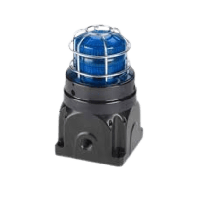 Baliza LED para Áreas Peligrosas / Ex d Montaje en Superficie / 24 VDC / Lente Azul de Perfil Alto / 8 Patrones de Parpadeo / IP66 / ATEX IECEx cULus